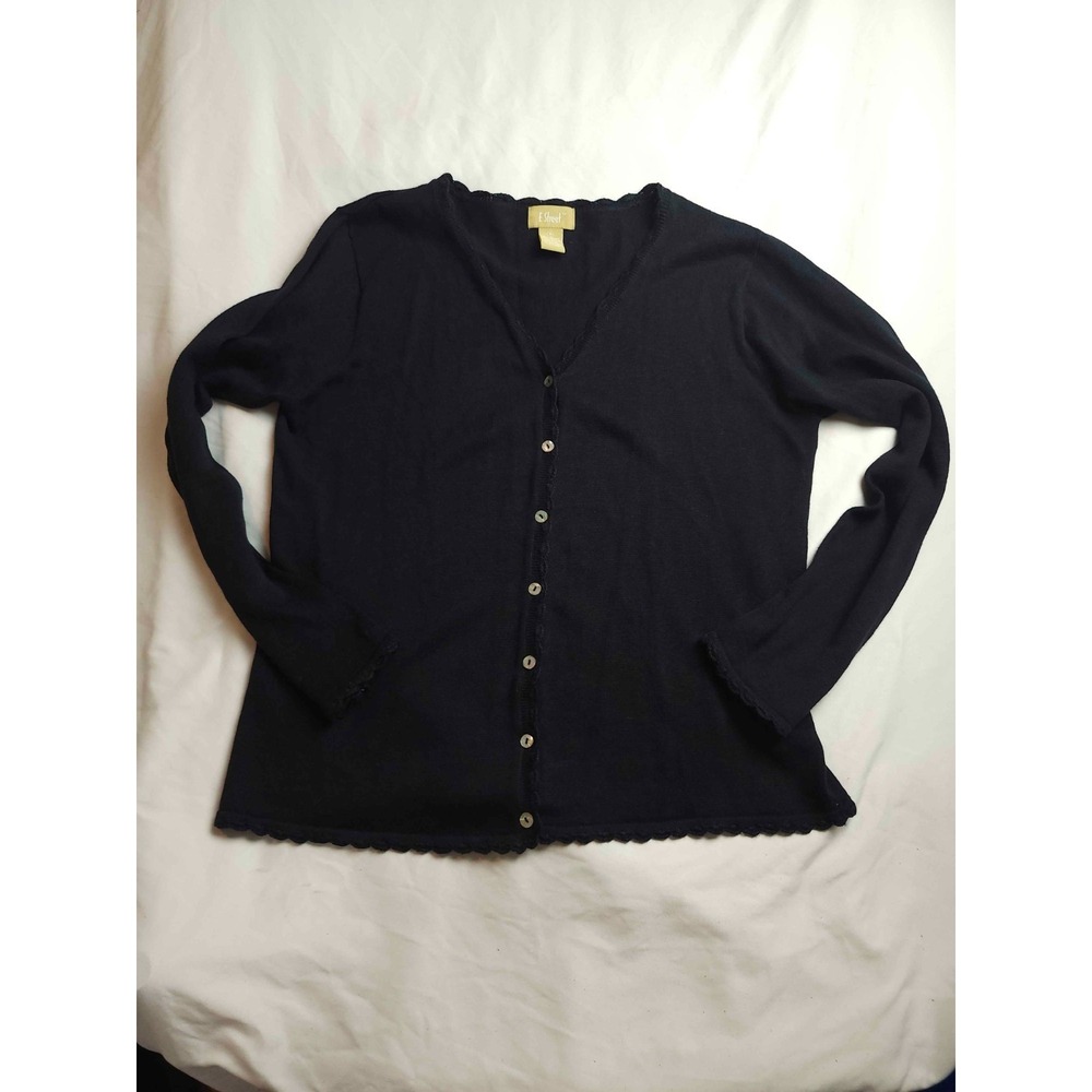 E Street Cardigan Sweater Womens Medium Black Knit V Neck Scallop Trim Casual